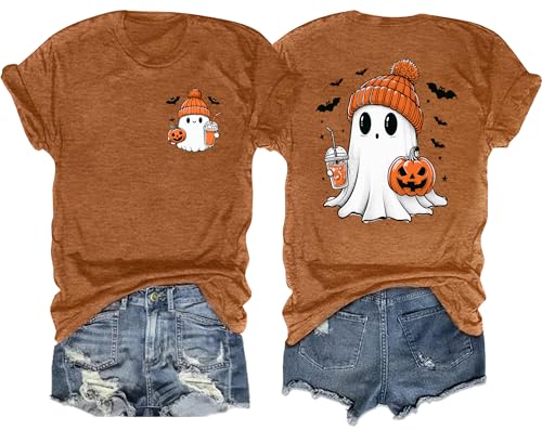 tiorhooe Halloween Shirt Damen Süßer Geist Gruselige Graphic T-Shirt Kürbis Halloween Tshirt