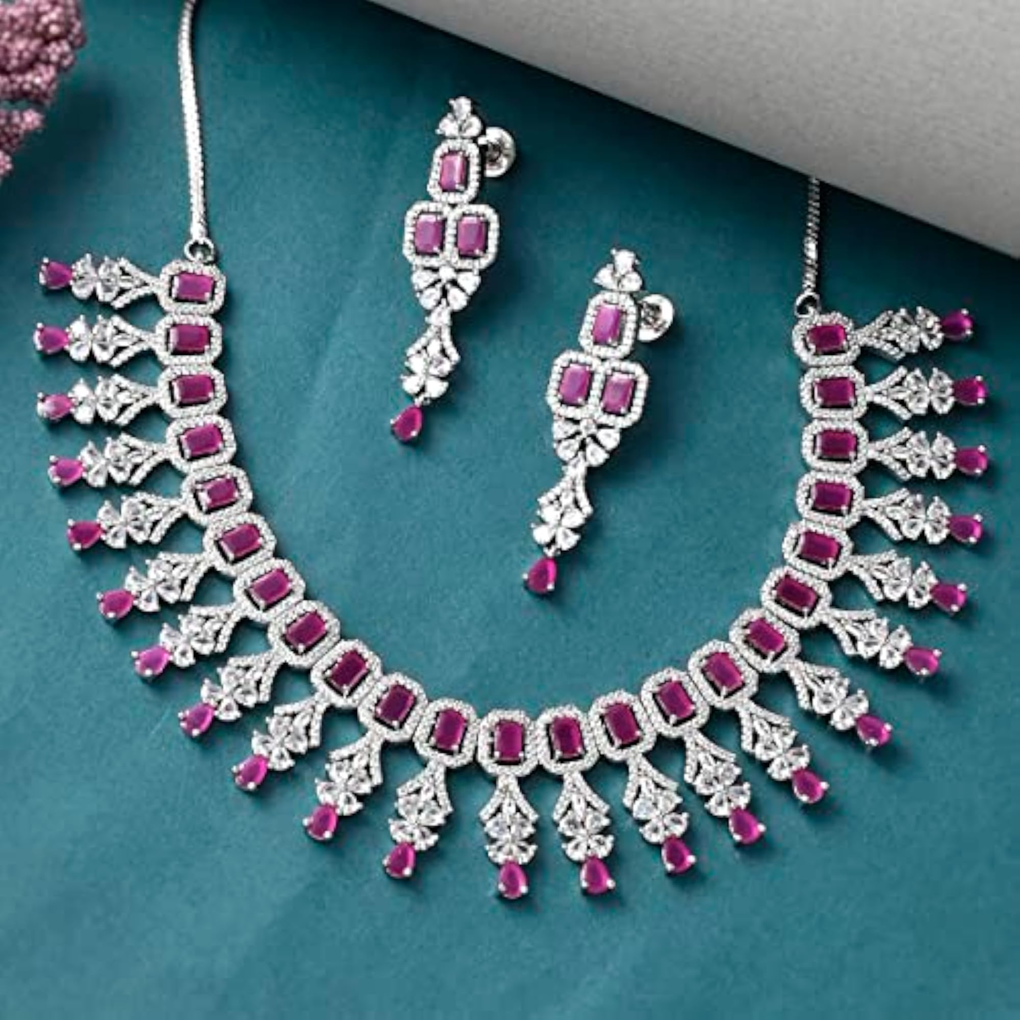Emerald Cut CZ Adorned Brass Opulent Plated Jewellery Set