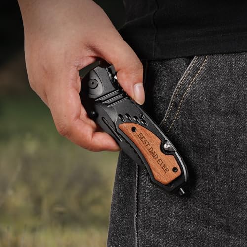Image of Titorld Gifts for Men Dad Fathers Day, Engraved Pocket Knife, Birthday Gifts ideas from Daughter Son Kids, BEST DAD EVER Wood Folding Knife with Wood Box, Outdoor Camping Hunting Fishing Tool