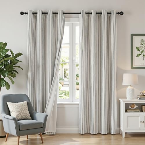 Image of MYSKY HOME Striped Curtains 100% Blackout 96 Inches Long Black Stripe Farmhouse Rustic Linen Blended Double Layer Curtains for Bedroom Living Room Patterned Drapes, Grommet, 2 Panels, 52 inch Wide
