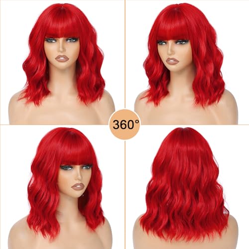 Image of AGO Red Wigs Short Wavy Hair with Bangs Curly Bob Wig Shoulder Length 14Inch Synthetic Hair for Women Girl Colorful Wig Heat Resistant Fiber Hair for Daily Party Halloween Cosplay Use(116A#DarkRed)