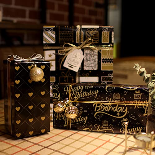 Mamunu Birthday Wrapping Paper Set, 6 Sheets Black Gold Gift Wrapping Paper, Gift Wrapping Paper With Stickers For Birthday, Thanksgiving, Christmas, Graduation, 27X19 Inches #TOP6