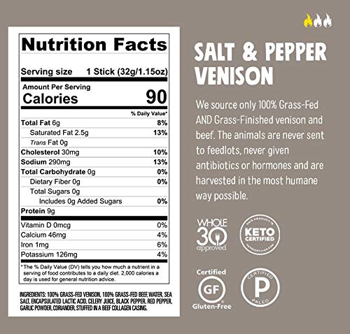 CHOMPS Grass Fed & Finished Venison Jerky Meat Snack Sticks, Keto, Paleo, Whole30 Approved, Low Carb, High Protein, Gluten Free, Sugar Free, 90 Calories 1.15 Oz Sticks, Salt Pepper 10 Pack
