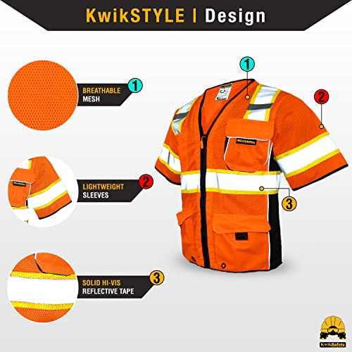 KwikSafety - Charlotte, NC - EXECUTIVE Safety Vest [10 POCKETS] Class 3 ANSI OSHA High Visibility Reflective Heavy Duty MeshPocket HiVis Men Construction Work Gear/Orange Large - Thumbnail 2