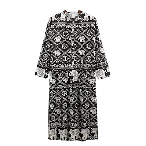 Islamic Jubba Thobe Muslim Men Robe Casual Loose Ancient Script Elephant Print Ethnic Arabic Long Sleeve One Piece Kaftan
