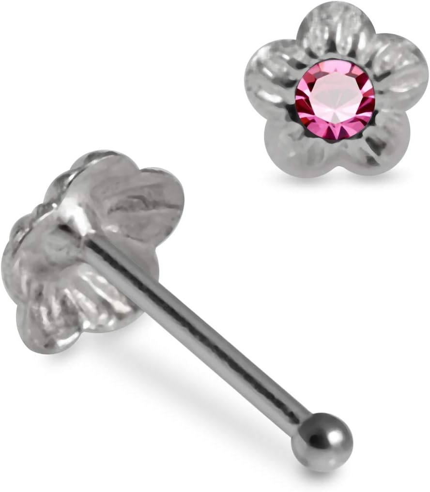 Crystal Stone Tiny Embossed Flower 22 Gauge 925 Sterling Silver Ball End Nose Pin - Nose Stud - Tiny Nose Ring - Nose Piercing Body Jewelry