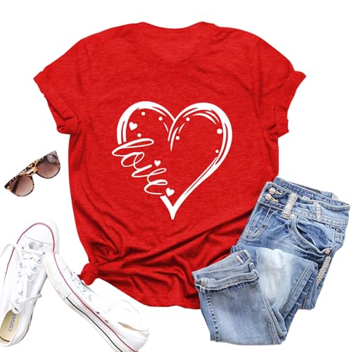 Image of Valentines Shirts for Women Valentine Love Heart Printed Graphic Tshirt Cute Girls Casual Top