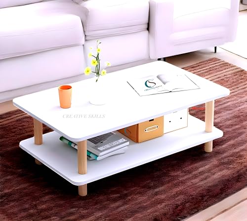 Image of Coffee Table - Rectangle Center Table for Living Room Engineered Wood Tea Table with Storage Stylish Teapoy Table for Hall, Lounge, and Office Spaces Durable (White)