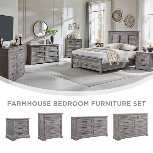 Image of ACCOHOHO Farmhouse Nightstands Set of 2, 22 Inch Wide End Table with Charging Station & 3 Large Drawers, Rustic Wood Small Dresser Chest of Drawers for Bedroom, Living Room, Grey