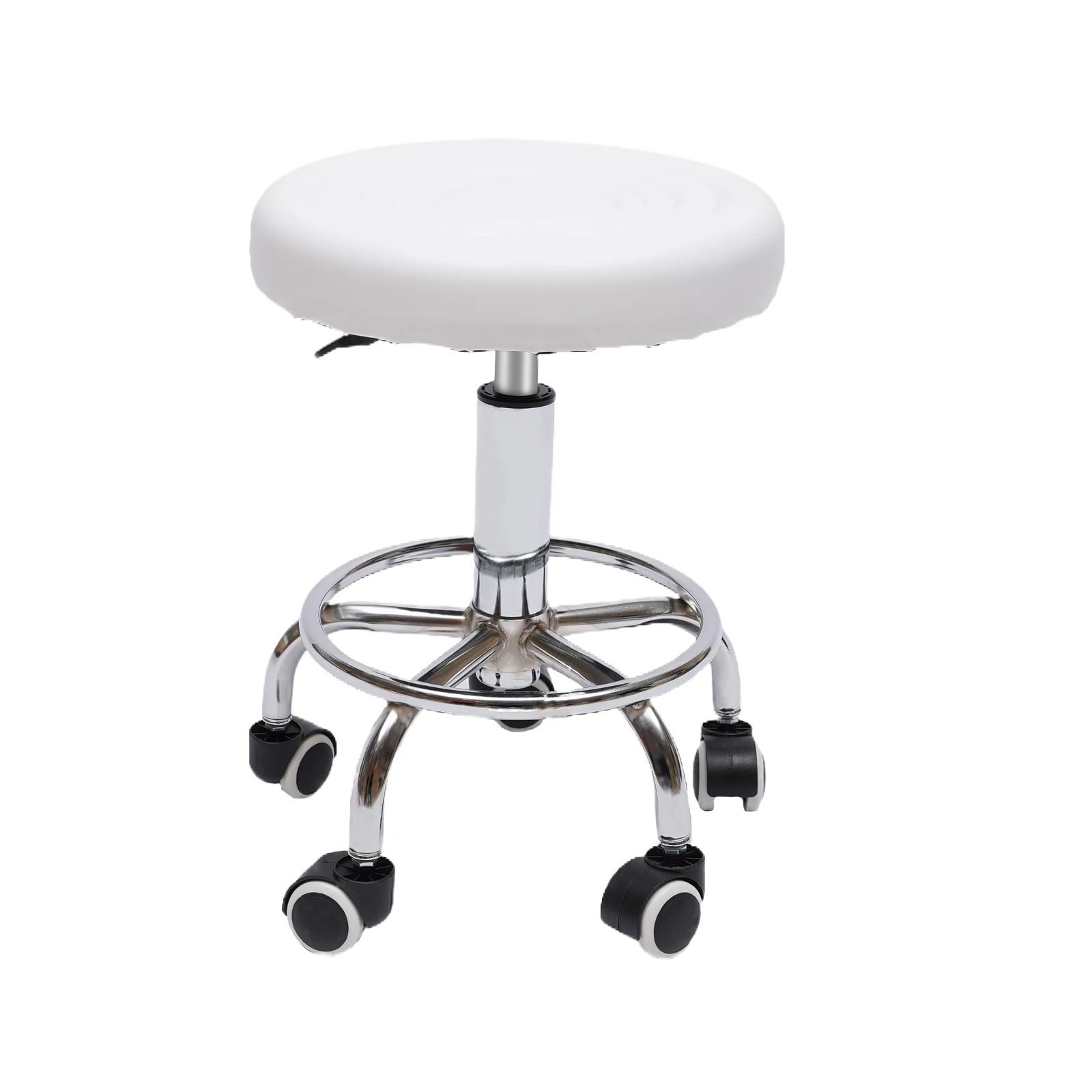 Asiento de mecanico Taburete Redondo con Ruedas y reposapiés de Altura Regulable para masajes de SPA y salón, Color Blanco y Negro Taburete Taller(White)