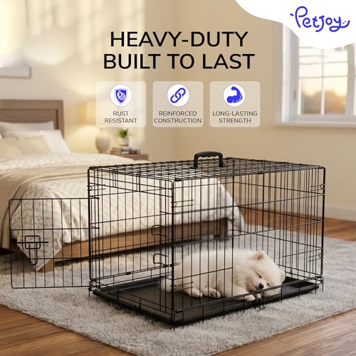 Image of PETJOY Foldable Metal Dog Cage | Dog Crate Kennel for Puppies, Small Dogs, Cats & Rabbits | Single Door with Secure Lock, Removable Leak-Proof Tray | Portable & Easy to Clean Pet Cage (Black, 18 INCH)
