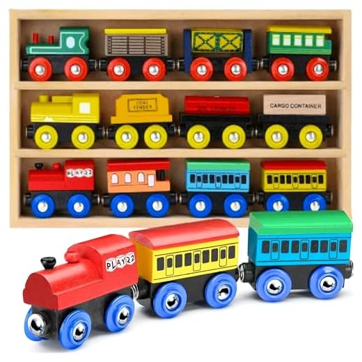 Play22 Wooden Train Set 12 PCS - Train Toys Magnetic Set Includes 3 Engines - Toy Train Sets For Kids Toddler Boys And Girls - Compatible With Thomas Train Set Tracks And Major Brands - Original