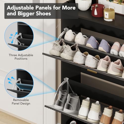 howcool Shoe Storage Cabinet with 2 Flip Drawers, Slim Wooden Freestanding Shoe Cabinet with Coat Hooks, Cubby and Shelf, Hidden Narrow Shoes Rack Organizer for Entryway Hallway, Holds 24 Pairs, Black