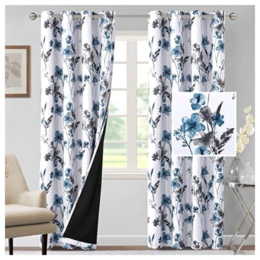 H.VERSAILTEX 100% Blackout Curtains 84 inch Length 2 Panels Set Cattleya Floral Printed Drapes Leah Floral Thermal Curtains for Bedroom with Black Liner Sound Proof Curtains, Grey and Blue