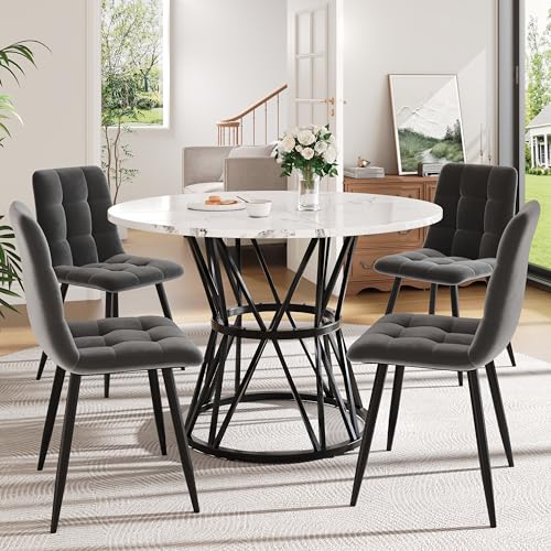 YuQozii Juego de mesa de comedor (5 piezas), juego de mesa de comedor con 4 sillas, mesa redonda de cocina de 100 cm de diámetro, patas de metal negro, tablero de fibra de densidad media, sillas de