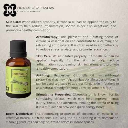 Image of Heilen Biopharm Citronella Essential Oil - 50 mL Per Bottle Pack of 1, For Stress Relief Aromatherapy Insect Repellent (Cymbopogon Nardus)