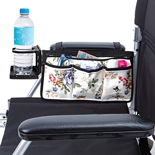 Wheelchair Side Bag with Large Cup Holder - Arm Rest Pouch and Drink CupHolder - Wheel Chair Accessories Organizers and Water Bottle Holder Fits Walkers, Rollators for Seniors and Handicap (Floral)
