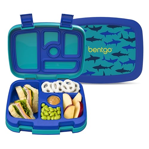 Image of Bentgo Kids Prints Leak-Proof, 5-Compartment Bento-Style Kids Lunch Box - Ideal Portion Sizes for Ages 3-7, Durable, Drop-Proof, Dishwasher Safe, & PFAS & BPA-Free Materials (Sharks)