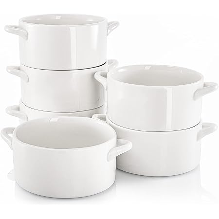 LE TAUCI 20 Oz Soup Bowls With Handles - Oven Safe Ceramic Crocks, Set Of 4, Embossed White (5.4 Inch)