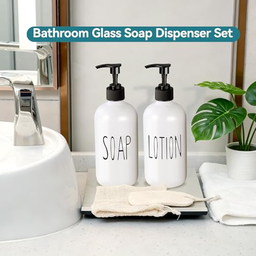Image of COHOSEGE Glass Soap Dispenser Set 2 Pack,16 Oz Hand Soap Dispenser for Bathroom,White Kitchen Accessories and Bathroom Decor,Soap and Lotion Dispenser Set for Bathroom