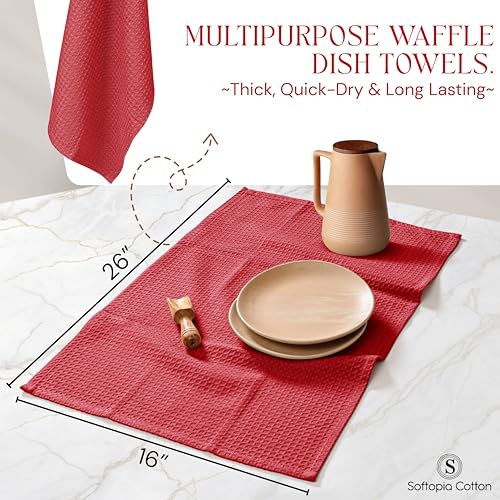 Image of Red Waffle Kitchen Towels, 100% Cotton, Quick Dry, Super Absorbent, Soft, Lint-Free, 16x26 Inches, with Hanging Loop - Ideal for Dish Drying, Bar, Tea, Cleaning & Everyday Use, 4 Pack