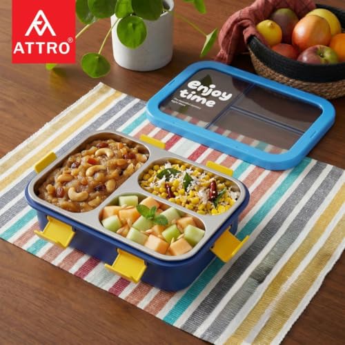 Image of ATTRO JoyBox Steel Lunch Box, 3 Compartment, Stainless Steel Inner Tray, Leakproof Airtight Lid, 4-Side Locks, BPA-Free Food Grade Lunch Box for Kids, School & Office - Blue-750ml