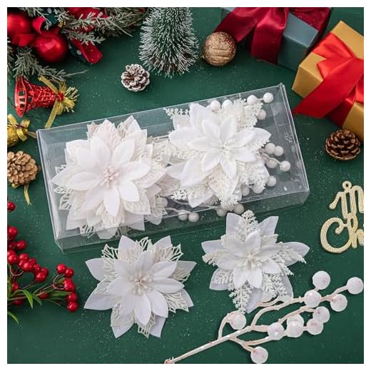 Xmastell 24 Pcs White Christmas Poinsettia Artificial Flowers and Glitter Berries Stems Kit, Christmas Poinsettias Decorations and Christmas Tree Ornaments for Xmas Wedding Holiday Home Tree Decor