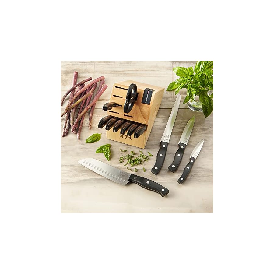 Chicago Cutlery Ellsworth (13-PC) Kitchen Knife Block Set With Wooden Block & Built-In Sharpener, Ergonomic Handles and Stainless Steel Professional Chef Knife Set & Scissors With Bottle Opener