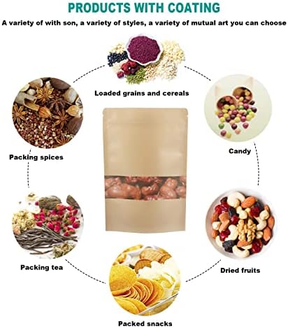 NCOALE Self-Sealing Kraft Paper Bag, 50 Pack Paper Stand Up Food Bags Kraft Paper Food Storage Pouches Packing Bags, Reusable Ziplock Seal Bags with Window for Tea Coffee Beans Nuts (9X14CM)