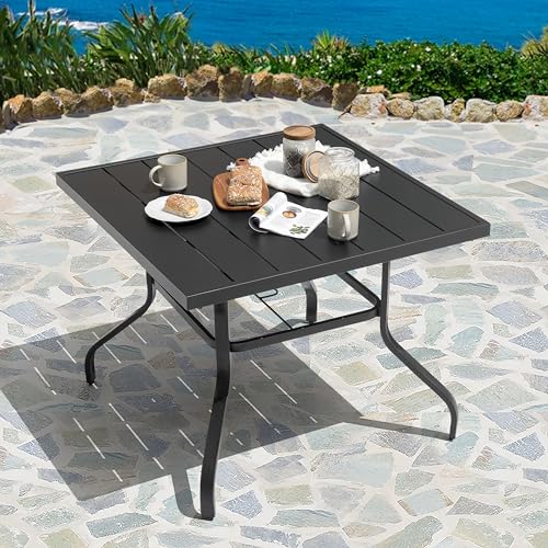 Image of NUU GARDEN 37 inch Outdoor Patio Table, 4 Person Steel Slat Square Dining Table with 1.57 inch Umbrella Hole, Slatted Top and Powder Coated Iron Frame for Patio, Garden and Balcony, Black