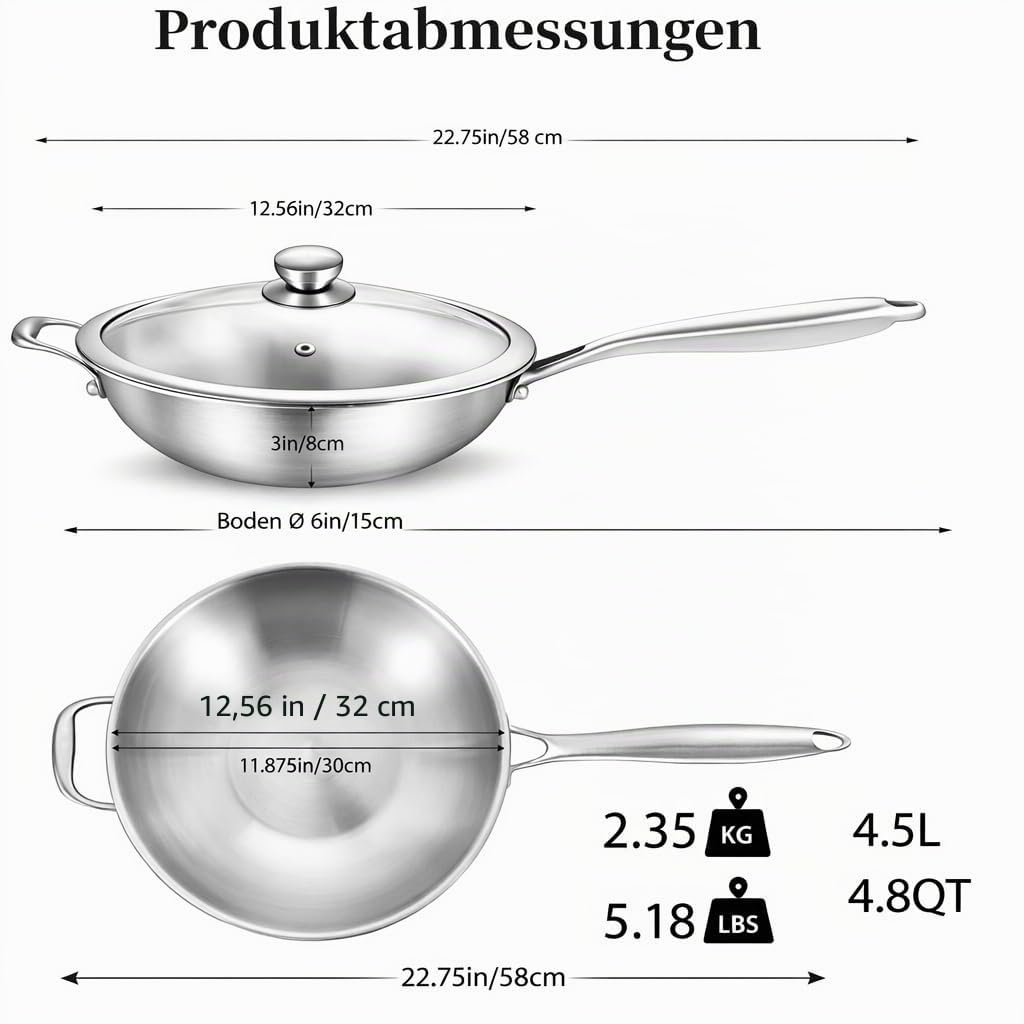 Edelstahl Wokpfanne 32 cm mit Glasdeckel – Ohne Beschichtung – für Induktion & Gas – für alle Herdarten – Wok Pfanne Groß