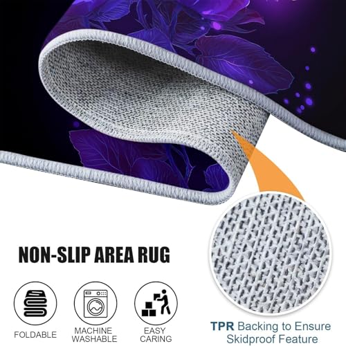 Tapis rond noir Ø 90 cm imprimé fleurs et papillon rose en microfibre lavable