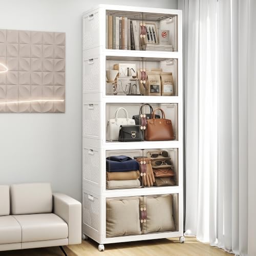 Image of Stackable Storage Bins with Lids, 550QT Lockable Storage Cabinet | Closet Organizers, Foldable Storage Box with Doors and Wheels, Plastic Drawers for Home, Garage, Office (5, White, Plus)