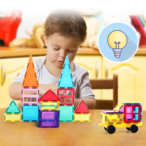 PicassoTiles Magnet Tile Building Blocks with Car Base Drawstring Storage Travel Bag Carry Case Magnetic Tiles Construction Toy STEM Learning Educational Kit Sensory Playset Preschool Kids 3+ by PicassoTiles - Used condition - Image 2