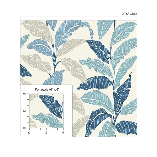 Image of Tommy Bahama - Leafy Peel and Stick Wallpaper, Botanical Wallpaper for Bedroom, Powder Room, Kitchen, Vinyl, 30.75 Sq Ft Coverage (Leafy Collection, Bliss Blue)