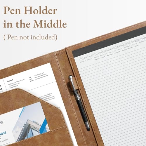 Image of Mymazn Padfolio Portfolio Folder, Faux Leather Interview Resume Folder with Document Organizer & Business Card Holder, Letter-Sized Notepad Legal Pad Holder for Men Women (Light Brown)