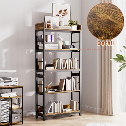 Image of Aquzee Bookshelf, 66 inch H 5-Tiers Heavy Duty Industrial Shelving Wood & Metal Bookcase, Rustic and Black Tall Shelf Units for Home, Office, Living Room