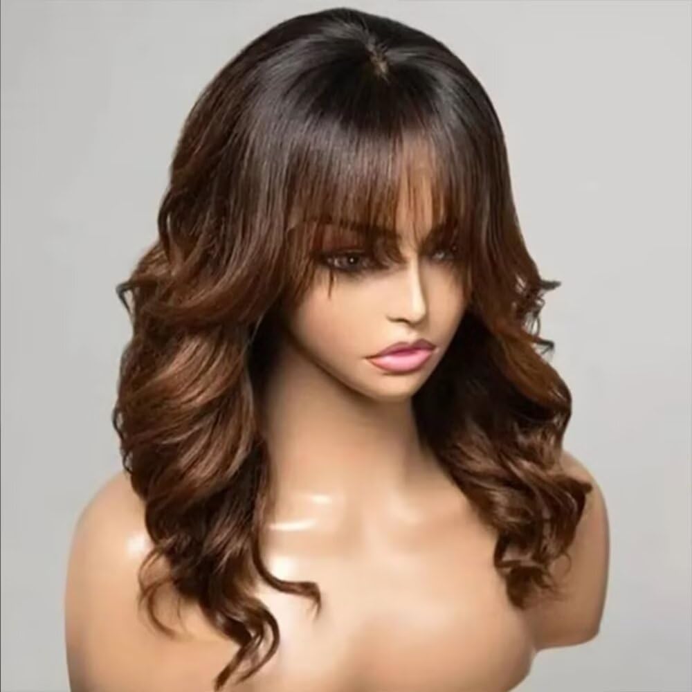 Highlight #4/27 Color Straight Wigs with Bangs Human Hair Wigs for Women 13x4 HD Lace Front Wigs Brazilian Virgin Hair Glueless Wig Pre Plucked Natural Hairline 150% Density (18inch, #4/27 color)