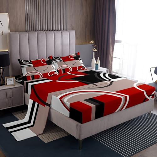Erosebridal Modern Red Grey Black Stripes Sheet Set Geometric Bed Sheets Full Size Retro Circle Swirls Bedding Set Bedroom Decor Modern Abstract Texture Color Art Fitted Sheet