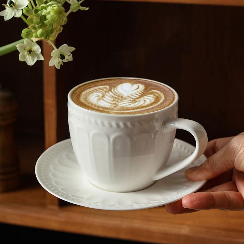Embossed White Ceramic Coffee Cup Saucer Set Afternoon Tea Cup