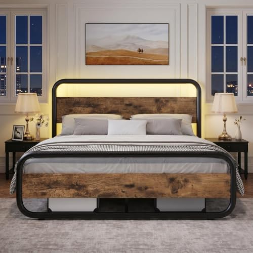 Image of Queen Bed Frame, Metal Platform Queen Bed Frame with Wood Headboard, Brown | RBG LED Lights /Heavy Duty Metal Slats Support /12 in Under-Bed Storage /Noise-Free /No Box Spring Needed /Easy Assembly