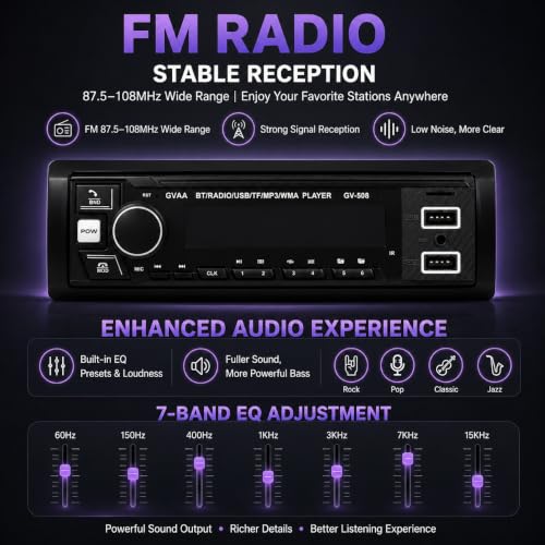 Image of AUTO SNAP Single DIN Car Stereo MP3 Player with USB, AUX, FM Radio, Bluetooth, Hands-Free Calling & Digital Display | Car Music System with Easy Controls with App