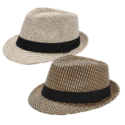 2PCS Men Straw Fedora Hat Trilby Hat Short Brim Hat Panama Summer Beach Sun Hat for Gatsby Costume Accessories 1920s