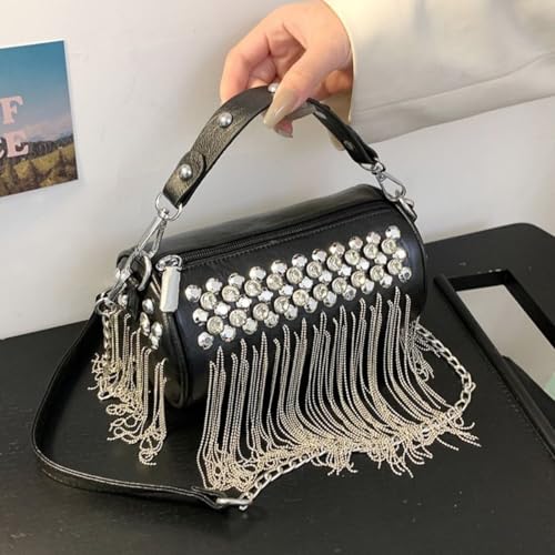 Y2K Purse Bling Cylinder Crossbody Bag with Tassel Purse, Sparkling PU Leather Rivets Handbag Y2K Cool Street Style Chain Handbag4