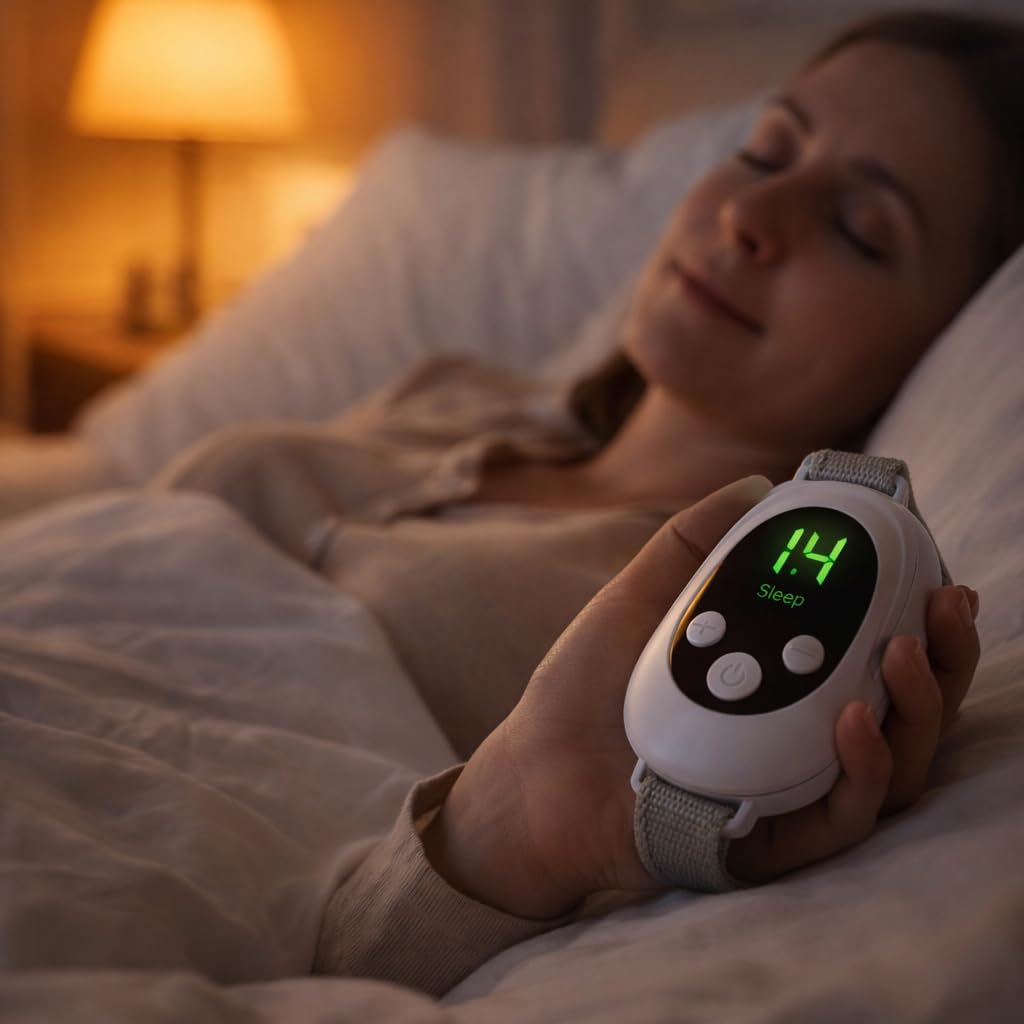 Dispositivo para Dormir y Relajarse, Masajeador de Mano EMS Antiestrés | 20 niveles de intensidad, modos Sleep y Excited, correa ajustable, autoapagado y formato portátil
