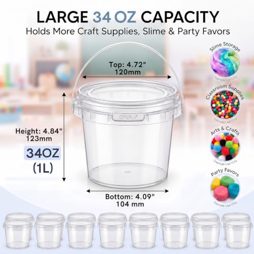 Image of Maxcheck 50 Pcs Plastic Bucket with Lids and Handles Bulk, 34oz, Clear