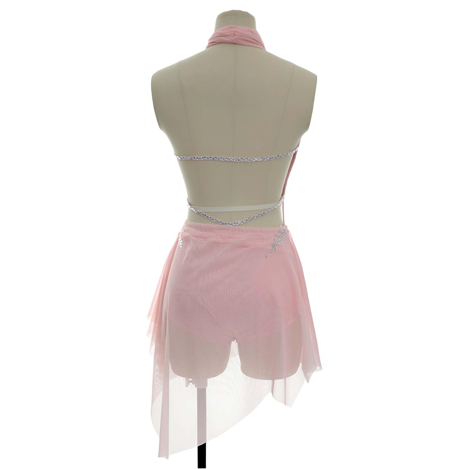 Strój do Tańca Lirycznego Damski Halter Krzyżowany z Odkrytymi Plecami | Strój do Tańca Nowoczesnego, Elastyczny Spandex z Siatką i Kryształkami, Drapowany Halter z Asymetryczną Spódnicą