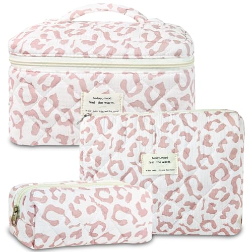 GISMTR 3Pcs Makeup Bag Cotton Quilted Travel Cosmetic Bag Cute Floral Makeup Pouch Large Toiletry Bag for Women Girls