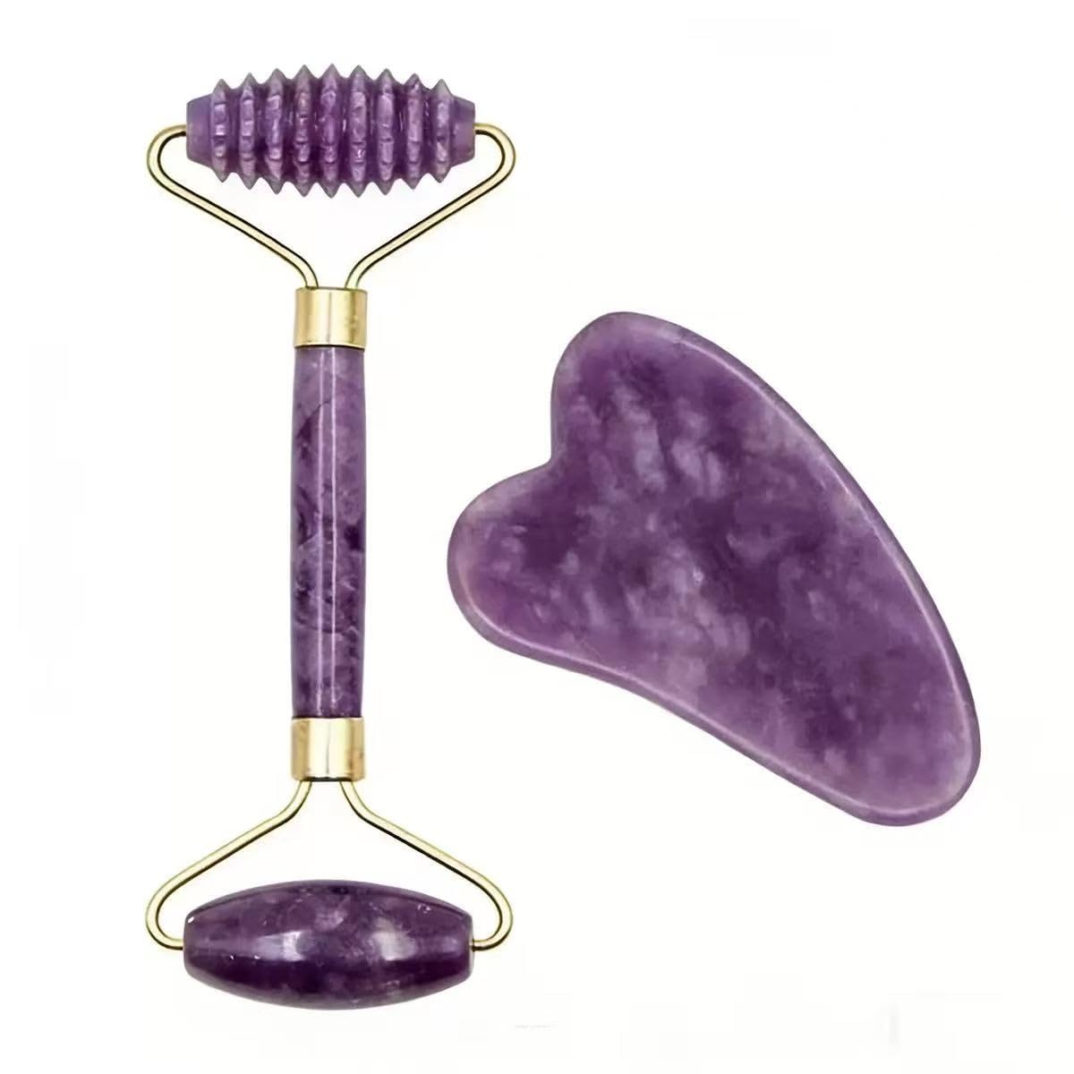 Gua Sha Stein, Amethyst Rohstein Amethyst Sägezahn Gesichtsroller Silikonkappen Gua Sha Pflegewerkzeug-Sets Naturstein Quarz Lila