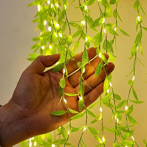 Image of URM Artificial Leaf Curtain LED String Light, 200 LEDs, 8 Modes, Adjustable Brightness, Perfect for Bedroom, Garden, Birthday & Festive Decor (10x3Feet, Green Color) Corded Electric